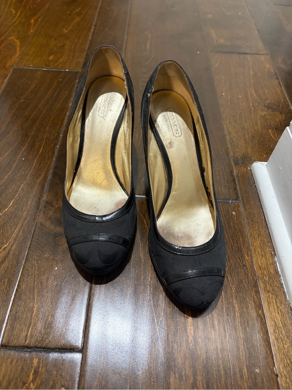 Coach Black Round-Toe Fabric & Patent Trim Heels